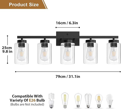 IZORRO Modern Bathroom Light Fixtures, 5 Light Black Vanity Lights, Bathroom Lighting Fixtures Over Mirror with Clear Glass for Living Room Cabinet Bedroom