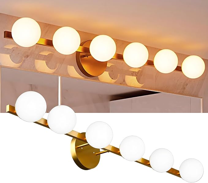 Lightdot 6 Light Bathroom Vanity Light, 38" Modern Gold Vanity Lights with Globe Water/Shatterproof PC Lampshade, Rust-Proof Bathroom Light Fixtures Over Mirror for Kitchen Hallway Cabinet Porch