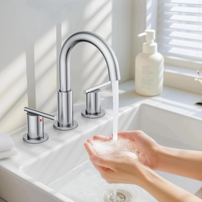 Bathroom Faucet 8 Inch, Brushed Nickel Widespread Sink Faucet | 360° rotating spout and pop-up drain for vanity, RV and outdoor sinks.