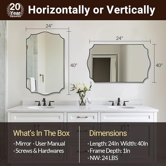ANDY STAR Rectangle Mirror 24x40 Inch, Matte Black Scalloped Bathroom Mirror, Unique Rectangle Mirror for Bathroom, Powder Room, Entryway (Vertical or Horizontal)