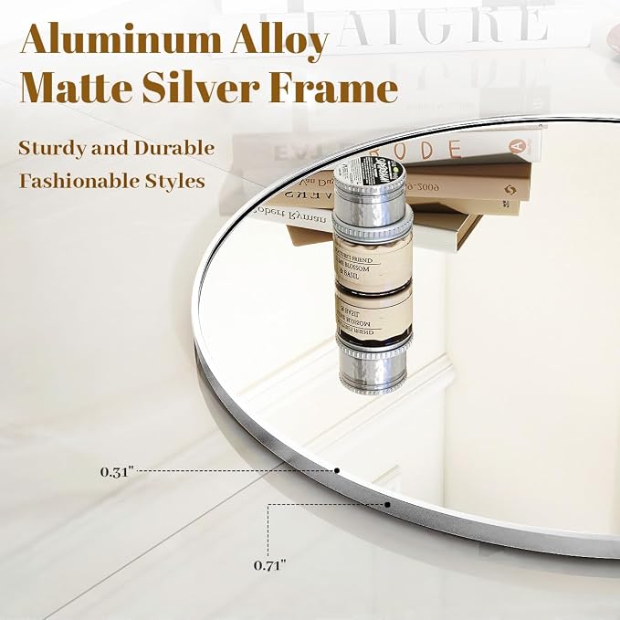 Silver Round Bathroom Mirror 30", Thin Metal Frame Wall Mirror | Circle Vanity Mirror for Over Sink, Hanging or Leaning Decor for Hallway, Entryway, Fireplace Mantel, Living Room