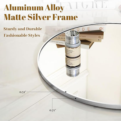 Silver Round Bathroom Mirror 30", Thin Metal Frame Wall Mirror | Circle Vanity Mirror for Over Sink, Hanging or Leaning Decor for Hallway, Entryway, Fireplace Mantel, Living Room