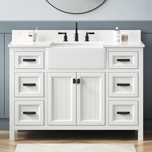 48 Inch Bathroom Vanity with Sink, Solid Wooden Frame Bathroom Storage Cabinet, Modern Bathroom Vanities Set Bathroom Cabinet with Soft Closing Doors & Drawers-White