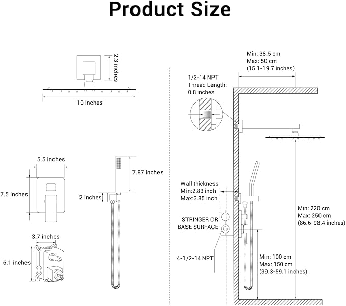 10" Square Rain Shower Faucet Set, Wall Mount, Matte Black | 304 SS , air tech boosts pressure 50%, dual spray, anti-fingerprint