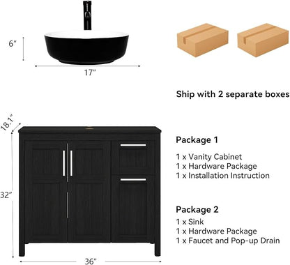 YOURLITE Bathroom Vanity with Sink, 36" Black Bathroom Vanity Sink Combo with Black White Ceramic Basin Faucet & Pop Up Drain Set