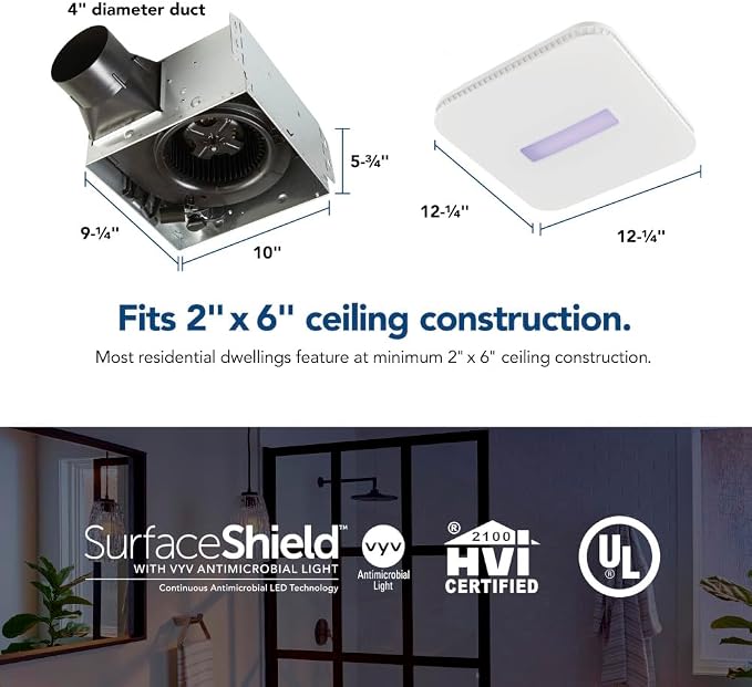 Broan-NuTone AR110LKVV SurfaceShield Vital Vio Powered Exhaust Vent LED White Light & Violet Light, 110 CFM, White