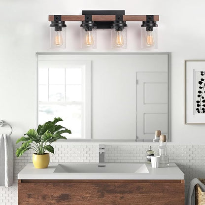 4-Lights Farmhouse Bathroom Vanity Light, Rustic Wood Bathroom Light Fixtures Over Mirror Antique Black Vanity Light with Clear Glass Shade, Farmhouse Wall Sconces Lighting