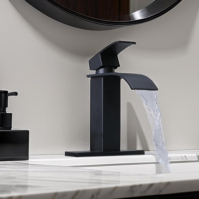 Matte Black Waterfall Bathroom Faucet, Single Handle Bathroom Sink Faucet for 1 or 3 Hole, Modern Vanity Faucet with Deck, Pop-up Drain and Supply Hoses