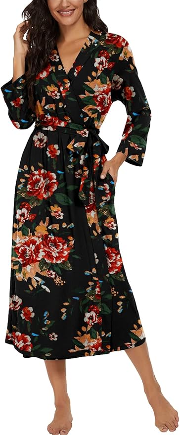 VINTATRE Women Kimono Robes Long Knit Bathrobe Lightweight Soft Knit Sleepwear V-neck Casual Ladies Loungewear
