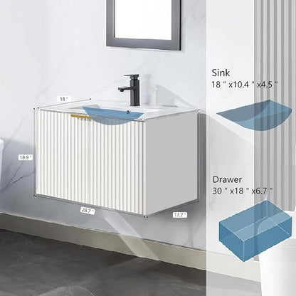 Bathroom Vanity with Sink, 30" Wall Mounted Floating Vanity Cabinet, Modern Bathroom Sinks with LED Light, Metal Handle & Double Soft-Close Doors, White
