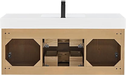 48 Inch Floating Sink Bathroom Vanity Wall Mount Single Vanities Overflow Mordern Large Storge Cabinet with Ceramic Countertop Double Soft Closing Drawers Pre-Assembled