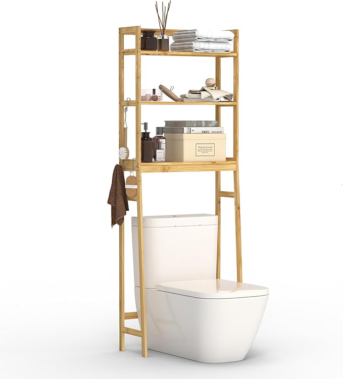 BAMBANG Over The Toilet Storage Rack, 3-Tier Over The Toilet Storage Shelf with 3 Hooks, Freestanding Above Toilet Bathroom Organizer Shelves for Space Saver Storage, Bamboo Natural