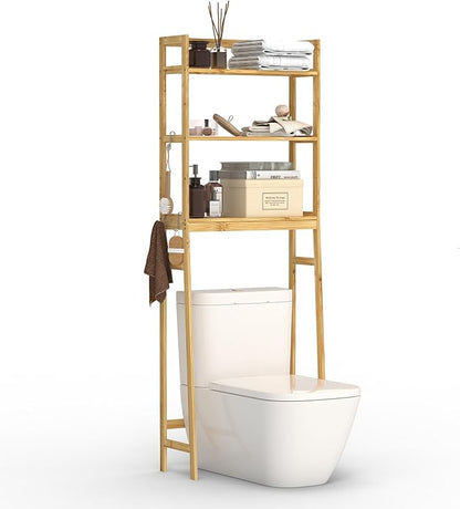 BAMBANG Over The Toilet Storage Rack, 3-Tier Over The Toilet Storage Shelf with 3 Hooks, Freestanding Above Toilet Bathroom Organizer Shelves for Space Saver Storage, Bamboo Natural