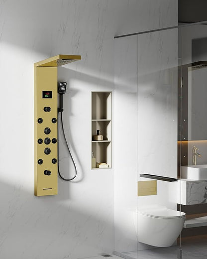 Homevacious Polished Gold 5 In 1 Shower Panel Tower System LED Rain Waterfall Shower Head and Adjustable Massage Body Jets 3 Settings Handheld Head and Tub Spout Stainless Steel Bathroom Panel