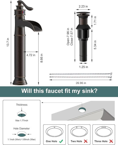 BWE Waterfall Spout Oil Rubbed Bronze Bathroom Faucet Single Handle One Hole Vessel Sink Faucet ORB Lavatory Faucets Deck Mount Tall Body Commercial