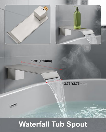 Aolemi Shower System with Tub Spout and Valve Brushed Nickel | 10-Inch Square Wall Mounted Rainfall Shower Head and Handheld,3-Function Bathtub Shower Faucet Set