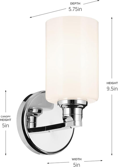 Kichler Gioe 5" 1-Light Wall Sconce with Opal Glass in Chrome, Damp Rated, for Powder Room, Bathroom, Kitchen, Hallway, Bedroom, Fireplace, (5" W x 9.5" H), 55224CH