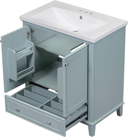 LUMISOL 30 Inch Bathroom Vanity with Sink Combo, Solid Wood Bathroom Cabinet with One Drawer and 2 Storage Doors, Multifunctional Organizers, Undermount Ceramic Sink, Green