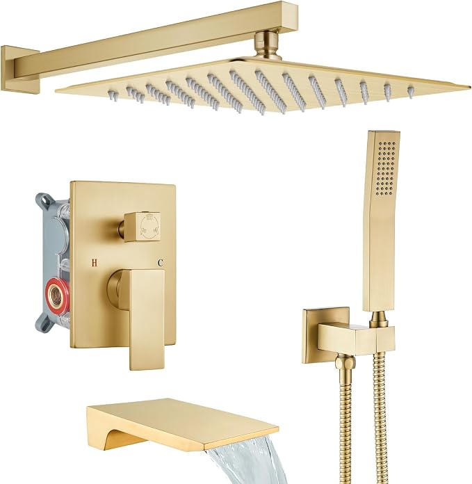 gotonovo Tub Shower Faucet Set with Valve 12'' Rain Head,Brushed Gold | Waterfall Tub Spout Shower System,Bathtub Faucet Set,SUS304 Rain Head with Handheld,Brass Valve Trim Kit,All Metal,Wall Mount