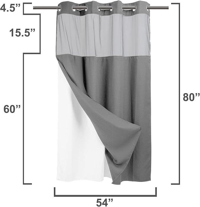 River Dream Heavyweight Waffle No Hook Shower Curtain with Liner,Gray,54x80 | Dotted Waffle,Snap-in Liner,Heavy Duty,Quick Dry,Mesh Top Window,With Bottom Magnets,Hotel-Grade,Washable,Stall Long Size