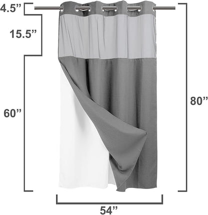 River Dream Heavyweight Waffle No Hook Shower Curtain with Liner,Gray,54x80 | Dotted Waffle,Snap-in Liner,Heavy Duty,Quick Dry,Mesh Top Window,With Bottom Magnets,Hotel-Grade,Washable,Stall Long Size