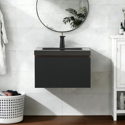 24 Inch Floating Bathroom Vanity, Smoked Walnut Wall Mounted Striped Cabinet, Black Quartz Sand Basin, Soft Close Drawers, Fully Assembled