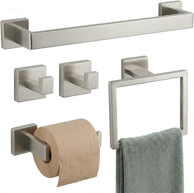 Brushed Nickel Bathroom Hardware Set, 5-Piece Premium SUS304 Stainless Steel Bath Accessories, 23.6 Inch Towel Bar Rack, Heavy Duty Square Fixtures for Modern Home