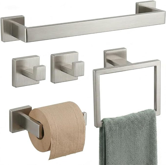 Brushed Nickel Bathroom Hardware Set, 5-Piece Premium SUS304 Stainless Steel Bath Accessories, 23.6 Inch Towel Bar Rack, Heavy Duty Square Fixtures for Modern Home