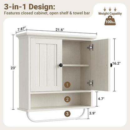 Besiost Farmhouse Bathroom Wall Medicine Cabinet with Removable Towel Bar | Over Toilet Storage Organizer, 7.9" Slim Profile, 100 Lbs Capacity, Adjustable Shelf, Soft Close Hinges Door, White