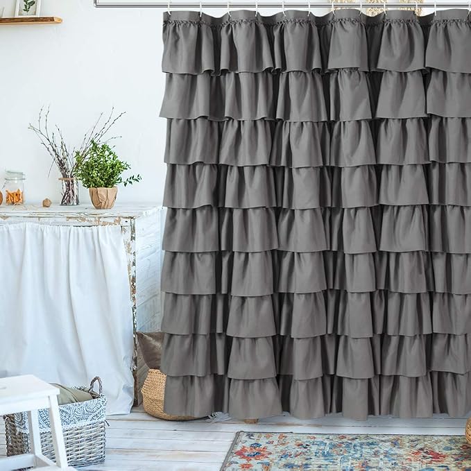 Gray Ruffle Shower Curtains For Bathroom, 72x72, Layered Tiered Ruffles | Handcrafted Ruched Ruffles, 72 x 72 Inch, Soft Brushed Microfiber, 12 Hooks Included, Machine Washable Design, Elevates Bath