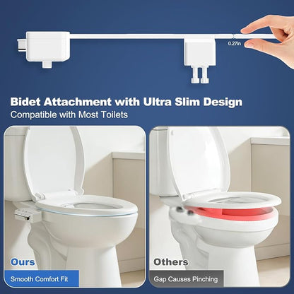 Hibbent 2 Pack Ultra-Slim Bidet Attachment for Toilet, Non-Electric Self Cleaning Bidet Toilet Seat, Adjustable Water Pressure Bidet Sprayer, Retractable Dual Nozzles for Rear & Feminine Wash