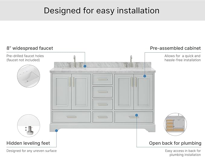 ARIEL Stafford 60-inch Bathroom Vanity with Sink,Solid Wood, 1.5-inch Italian Carrara Marble Countertop, Double Rectangular Porcelain Sink, 4 Soft Closing Doors, 6 Dovetail Drawers, Grey