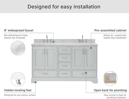 ARIEL Stafford 60-inch Bathroom Vanity with Sink,Solid Wood, 1.5-inch Italian Carrara Marble Countertop, Double Rectangular Porcelain Sink, 4 Soft Closing Doors, 6 Dovetail Drawers, Grey
