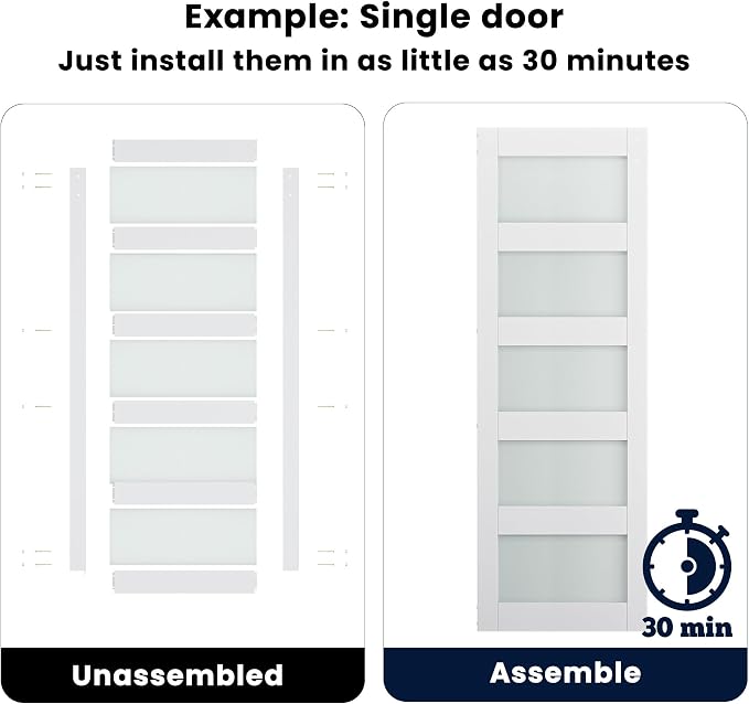 SMARTSTANDARD Double 48×84 Glass Barn Door with Sliding Hardware Kit | Pre-Drilled Ready to Assemble, Waterproof PVC Coating, 5-Panel Glass, White
