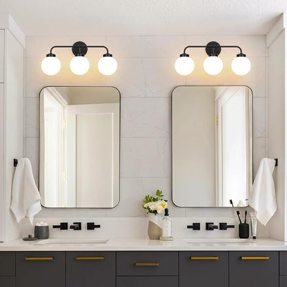 Modern Matte Black Bathroom Light Fixtures, 3-Light Vanity Lights Wall Sconce with Globe Milky White Glass Shade Over Mirror for Bathroom Hallway Living Room Bedroom