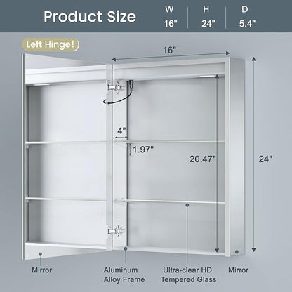 16x24 Inch Medicine Cabinet with Lights, Lighted Medicine Cabinet with Mirror, AL Alloy Frame, Hardwired, Recessed or Wall Mount, 3 Light Colors/Dimmable/Defog,2 Outlets&USBs, 2 Shelves
