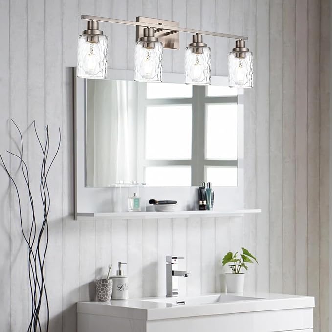 MELUCEE Brushed Nickel Bathroom Vanity Light with Clear Hammered Glass | 4-Light Wall Light Fixtures Modern Wall Lamp for Powder Room Bedroom Porch (Patent No.: US D963914 S)