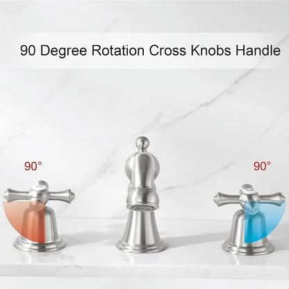 RKF Bathroom Faucets for Sink 3 Hole Brushed Nickel 8 inch Widespread Bathroom Sink Faucet with Drain 2 Handles Cross Knobs Faucet Bathroom Vanity Faucet Basin Mixer Tap CWF033-GBN