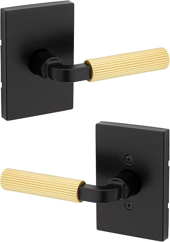 Kwikset Mirada Reeded Interior Passage Door Handle, Lever for Closet and Hallway Doors, Reversible Non-Locking Handle Lever, Matte Black Satin Brass, with Microban Protection