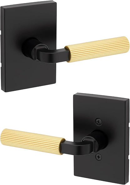 Kwikset Mirada Reeded Interior Passage Door Handle, Lever for Closet and Hallway Doors, Reversible Non-Locking Handle Lever, Matte Black Satin Brass, with Microban Protection