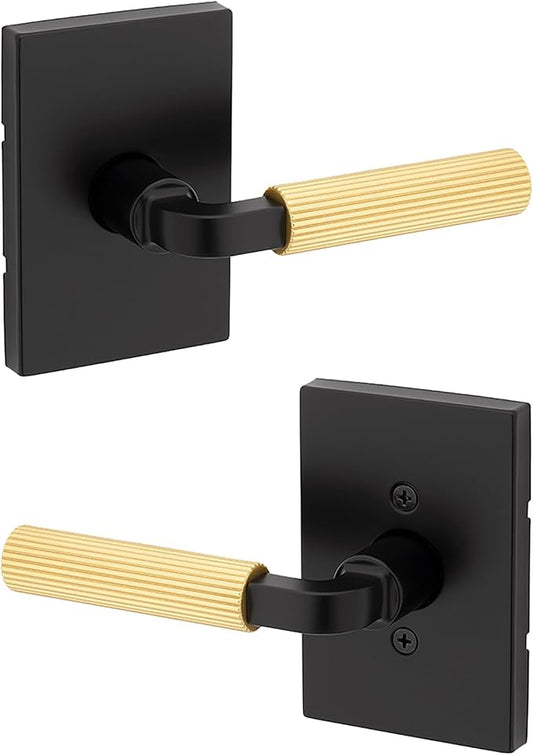 Kwikset Mirada Reeded Interior Passage Door Handle, Lever for Closet and Hallway Doors, Reversible Non-Locking Handle Lever, Matte Black Satin Brass, with Microban Protection