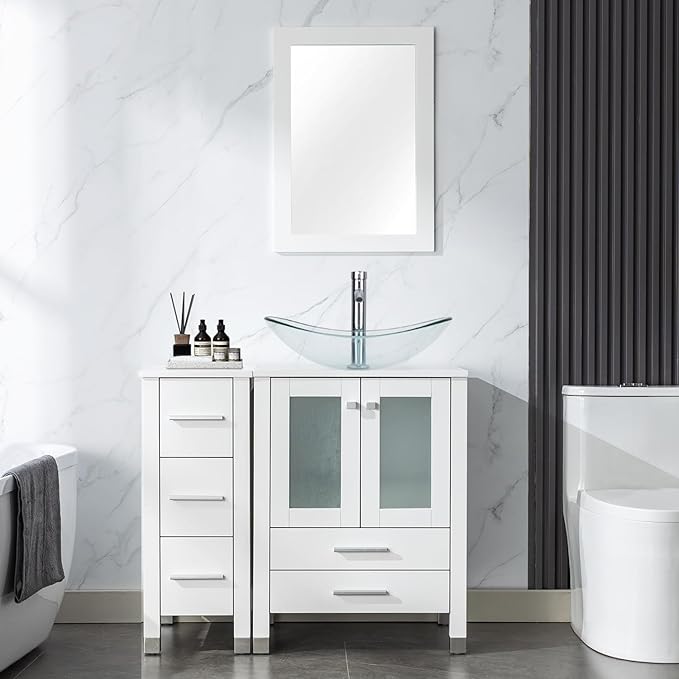 LUCKWIND 36" Bathroom Vanity with Sink Combo, 24-inch Main Cabinet with 12.6-inch Side Cabinet, Painted Bathroom Storage Cabinet with 5 Drawers, Including Clear Boat Sink Without Mirror, White