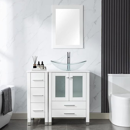 LUCKWIND 36" Bathroom Vanity with Sink Combo, 24-inch Main Cabinet with 12.6-inch Side Cabinet, Painted Bathroom Storage Cabinet with 5 Drawers, Including Clear Boat Sink Without Mirror, White