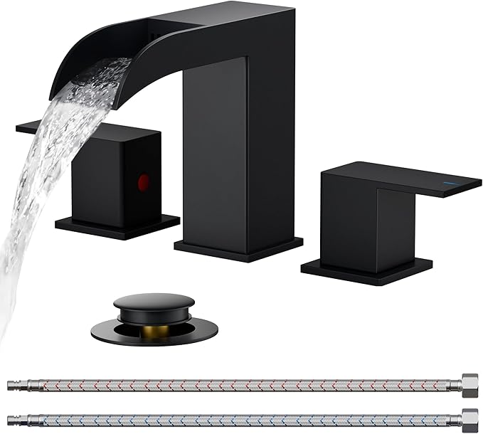 FORIOUS Matte Black Bathroom Faucets 3 Hole, 8 Inch Widespread Square Waterfall Bathroom Sink Faucet with Metal Pop-up Drain and cUPC Supply Lines, Two Handles for Vanity, Restroom, Commercial