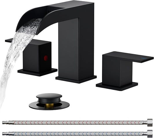 FORIOUS Matte Black Bathroom Faucets 3 Hole, 8 Inch Widespread Square Waterfall Bathroom Sink Faucet with Metal Pop-up Drain and cUPC Supply Lines, Two Handles for Vanity, Restroom, Commercial