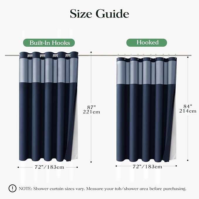 Navy Blue Hook Free Waffle Shower Curtain & Snap-in Liner,72x87 | Less Time to install, 3 in 1 Fabric Shower Curtain and Liner Set with Magnets, Extra Long, Shower Curtains for Bathroom