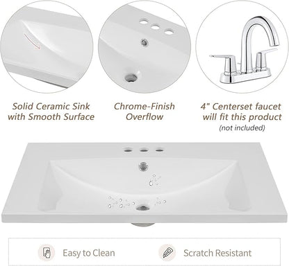 30 Inch Floating Vanity Bathroom with Sink, White Painted Bathroom Vanity Cabinet Combo with Ceramics Sink Top, Soft Close Cabinet Door & Open Storage Right Shelf, Modern Wall Mounted Vanity