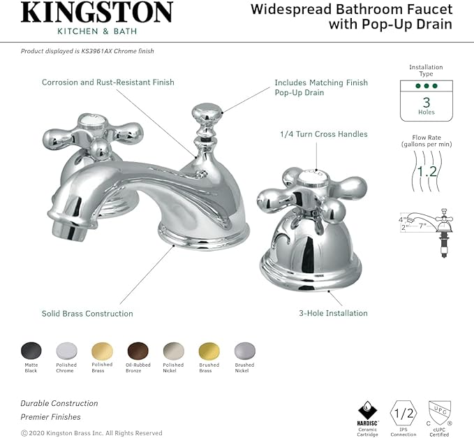 Kingston Brass KS3967AX 8 in. Widespread Bathroom Faucet, Brushed Brass