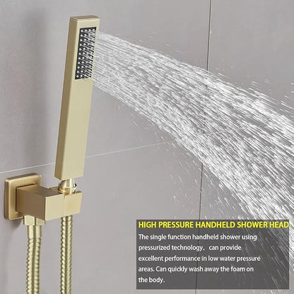 Brushed Gold Shower Faucet Set with Tub Spout Bathroom Rainfall 10 Inch Shower Head System with Handheld Single Handle Shower Trim Kit with Rough-in Valve