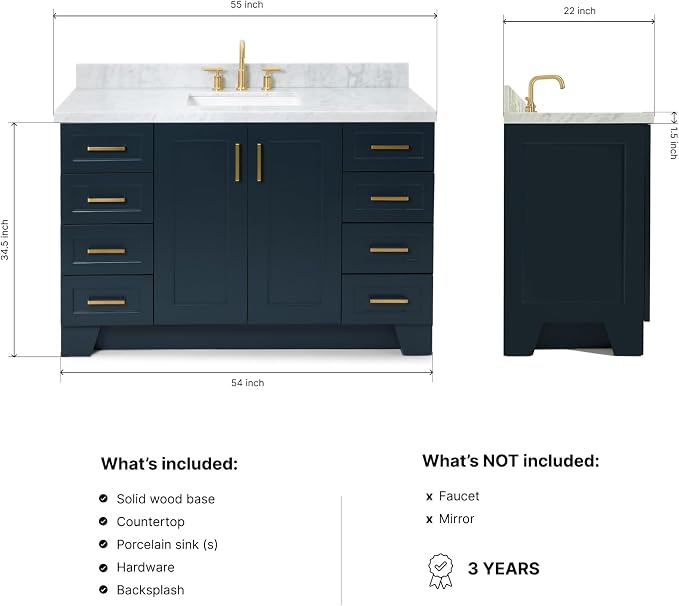 DKB Emilia 54" Midnight Blue Bathroom Vanity with Sink, 1.5" Edge Italian Carrara Marble Countertop, Rectangular Undermount Sink, 2 Soft-Closing Doors, 9 Dovetail Drawers